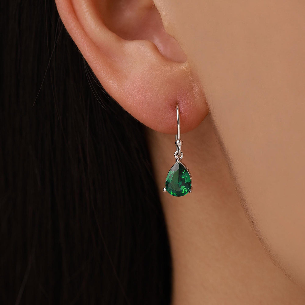 Emerald Green Pear Cut CZ Drop Earrings in Sterling Silver, Silver or Gold, Minimalist Droplet Dangle Earrings, Drop Earrings