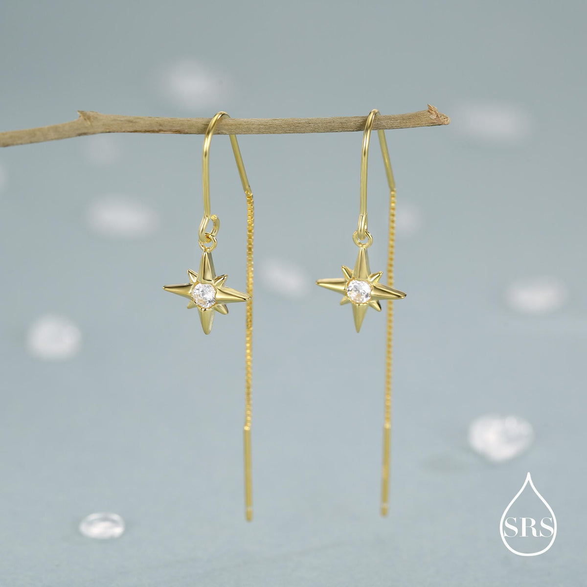 CZ Starburst U Shape Threader Earrings in Sterling Silver