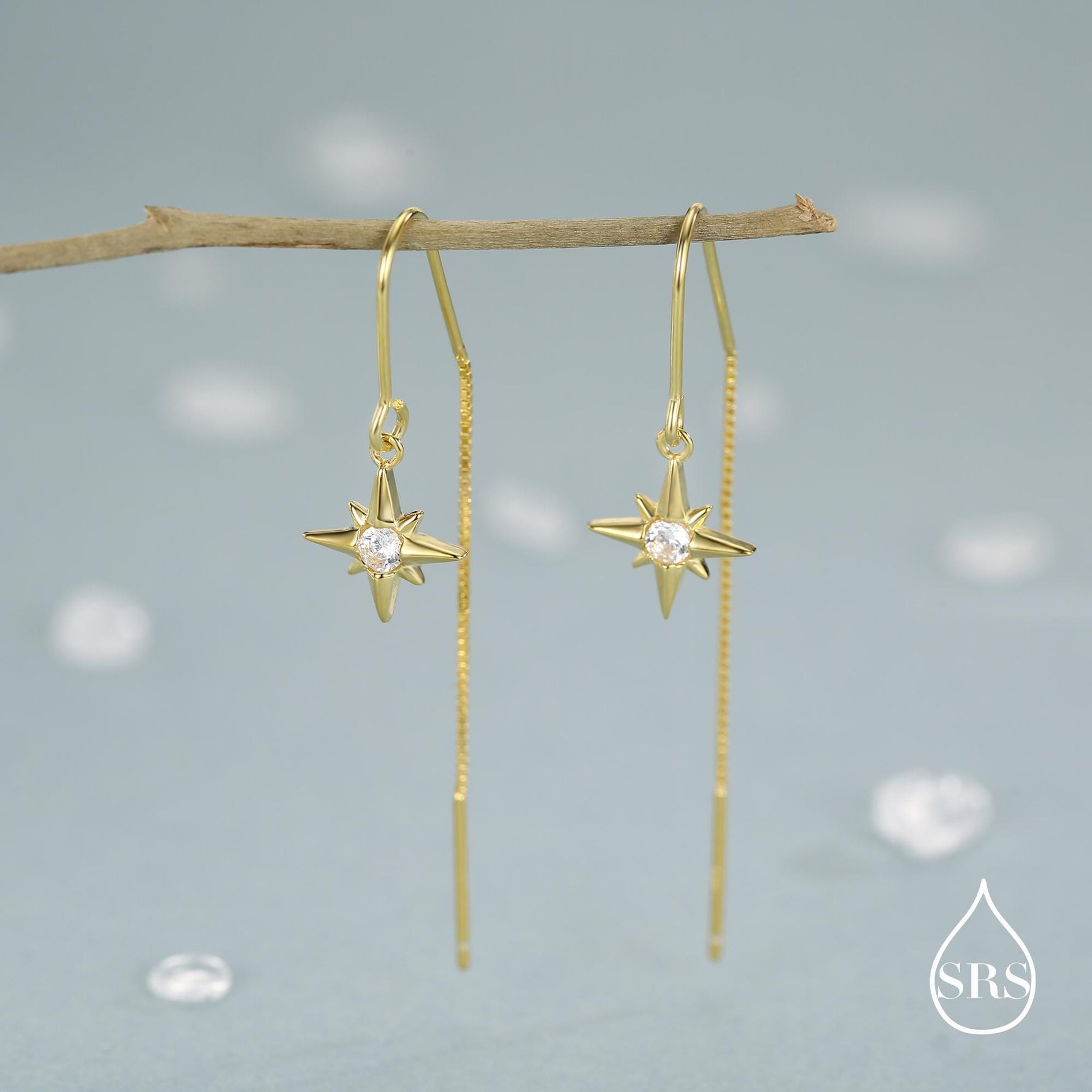 CZ Starburst U Shape Threader Earrings in Sterling Silver