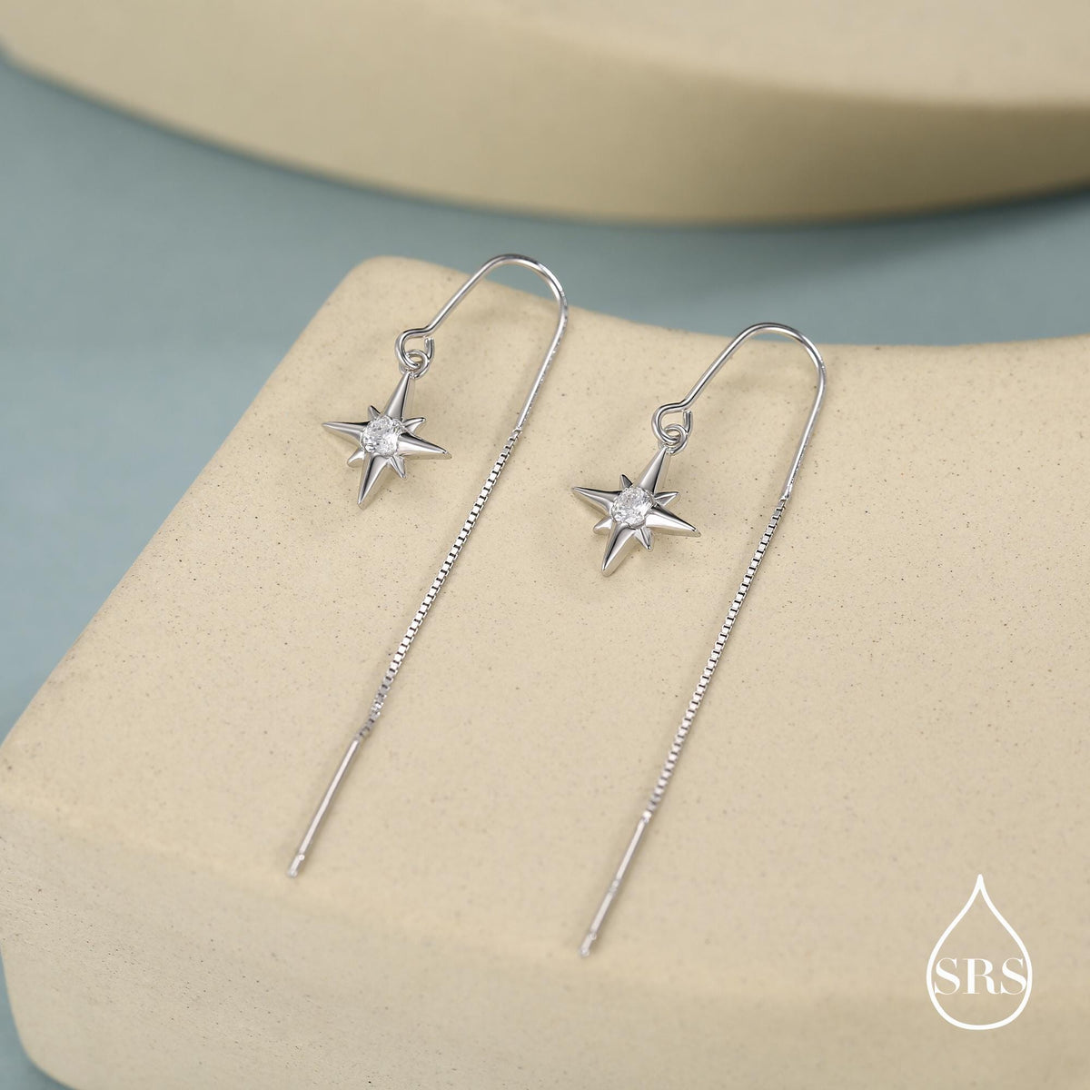 CZ Starburst U Shape Threader Earrings in Sterling Silver