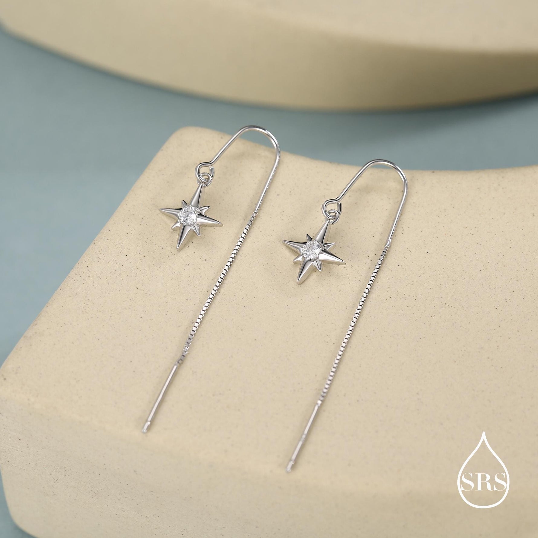 CZ Starburst U Shape Threader Earrings in Sterling Silver