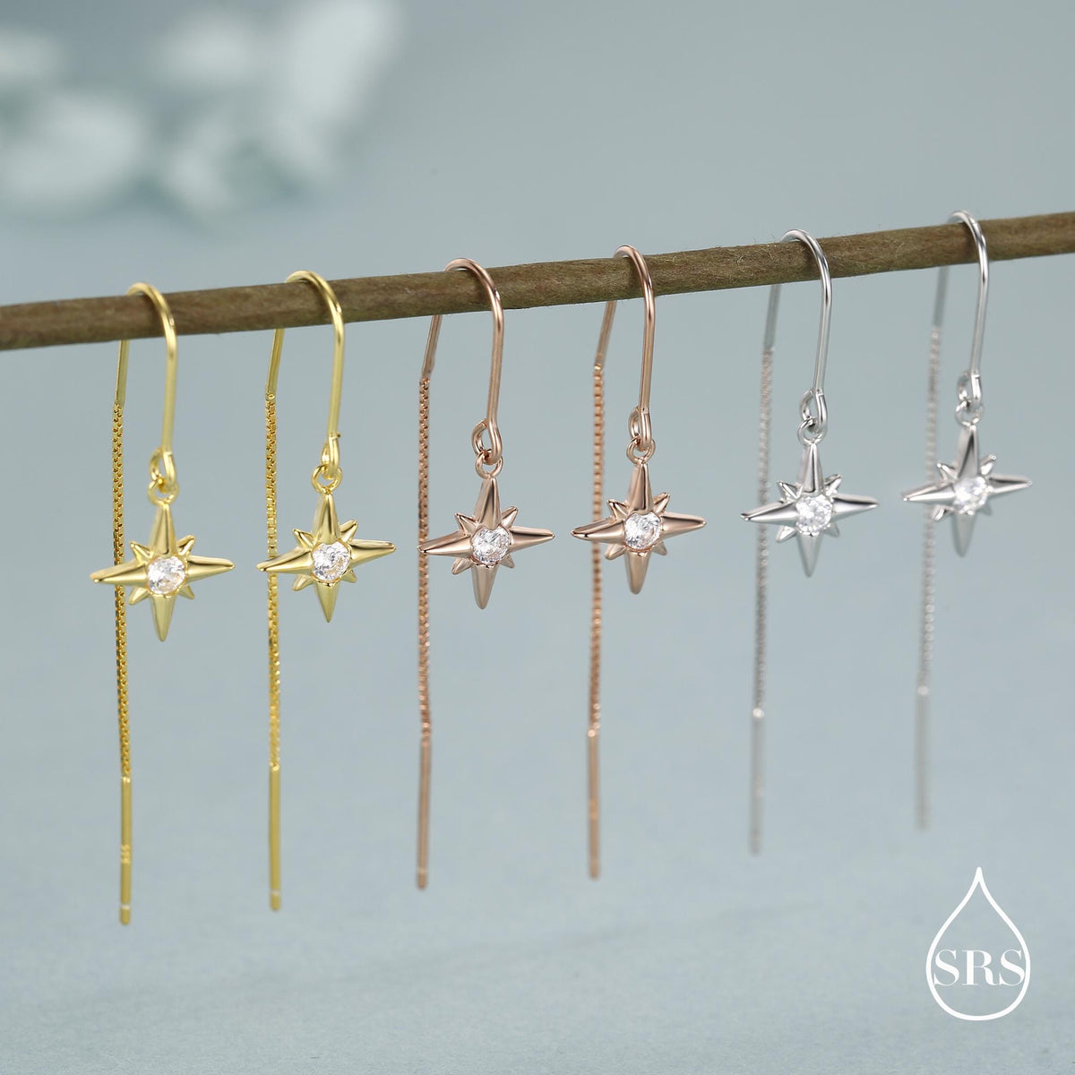 CZ Starburst U Shape Threader Earrings in Sterling Silver