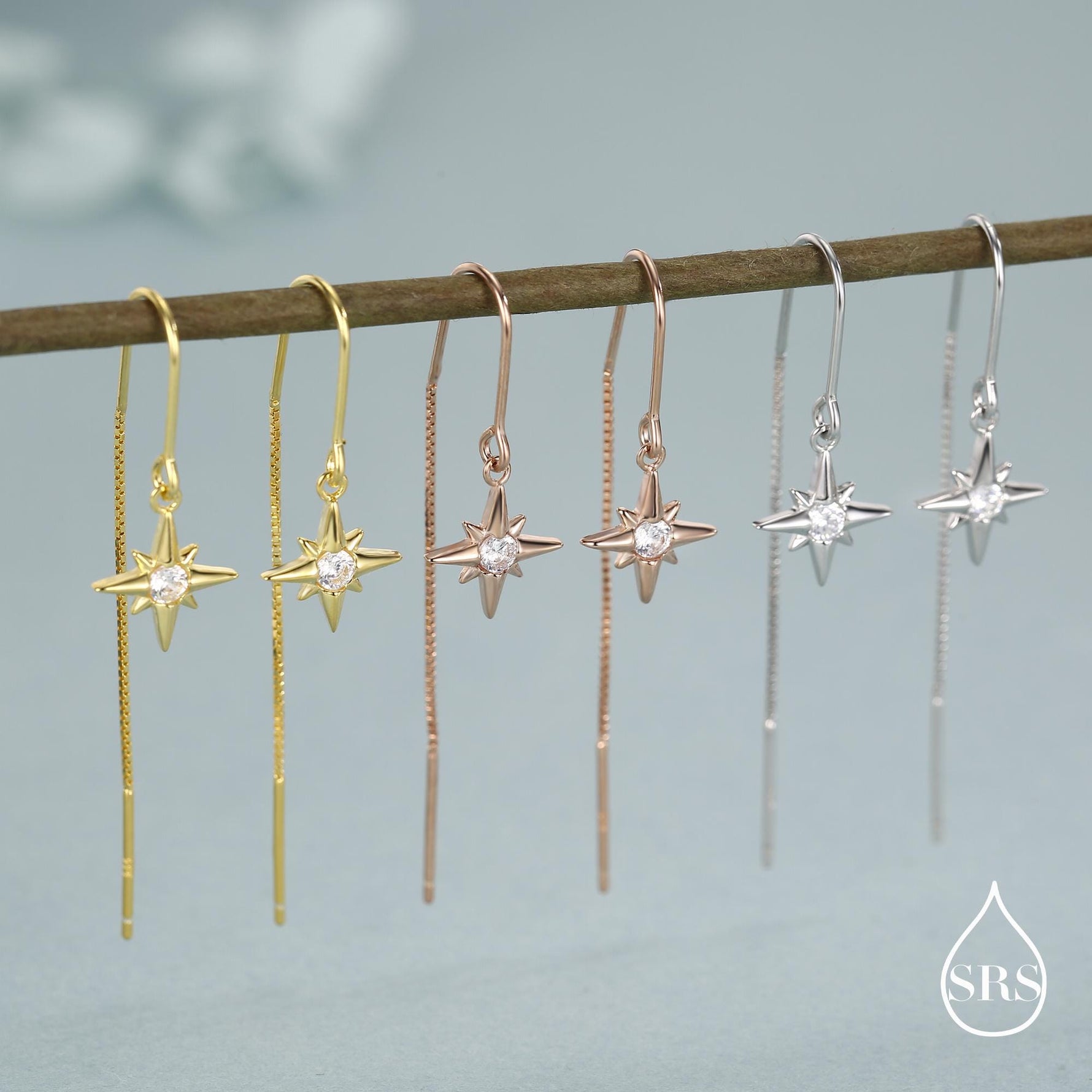 CZ Starburst U Shape Threader Earrings in Sterling Silver