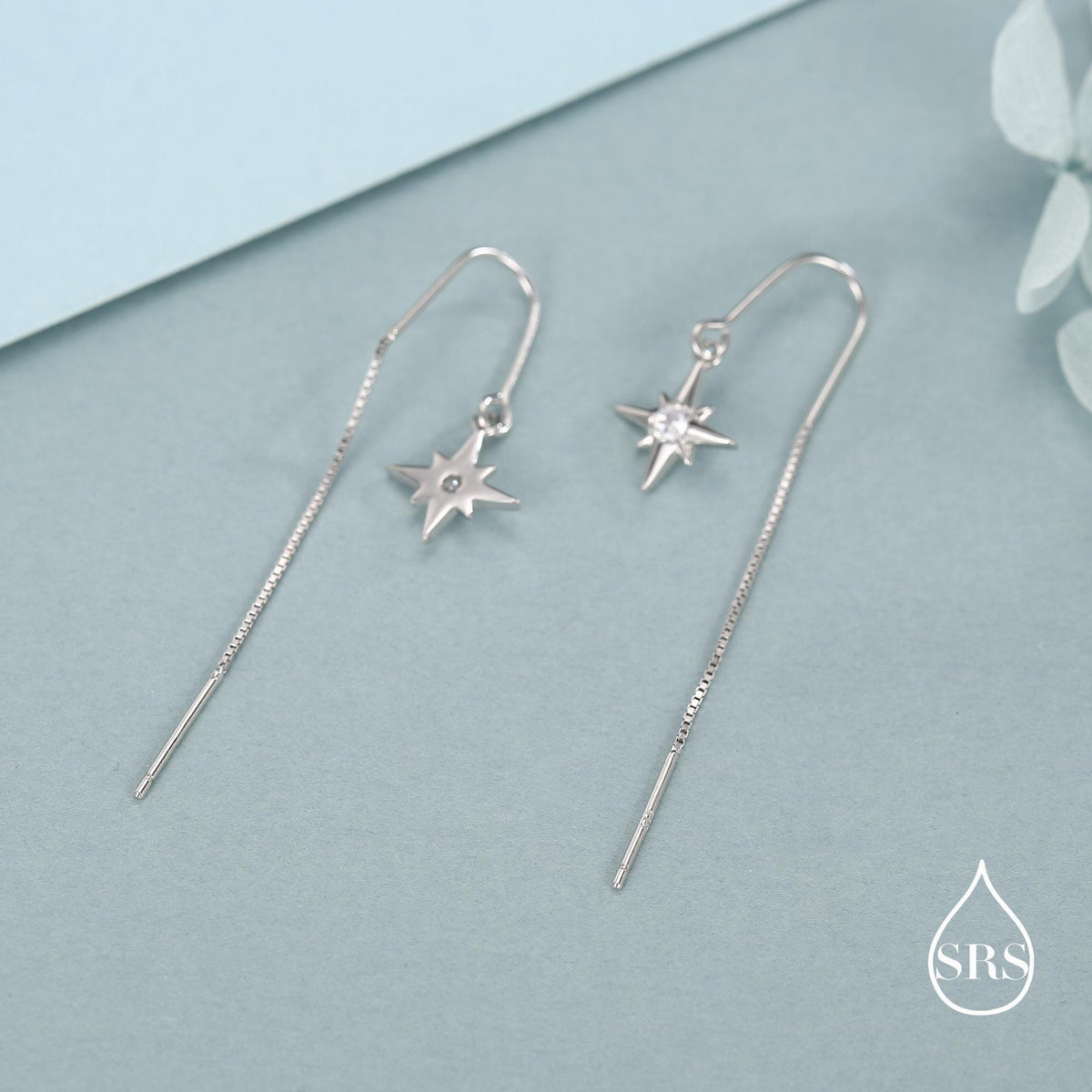 CZ Starburst U Shape Threader Earrings in Sterling Silver