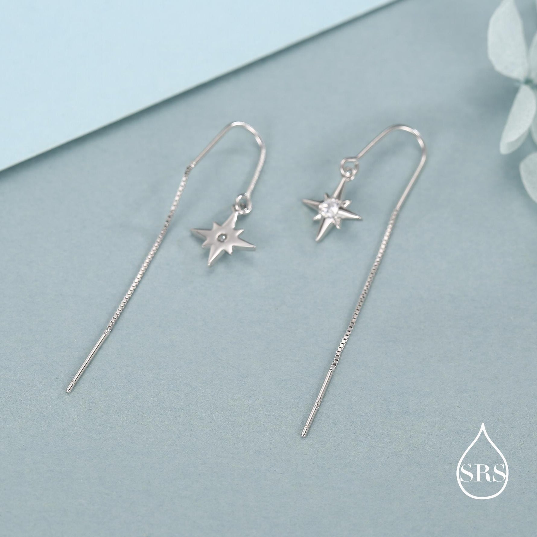 CZ Starburst U Shape Threader Earrings in Sterling Silver