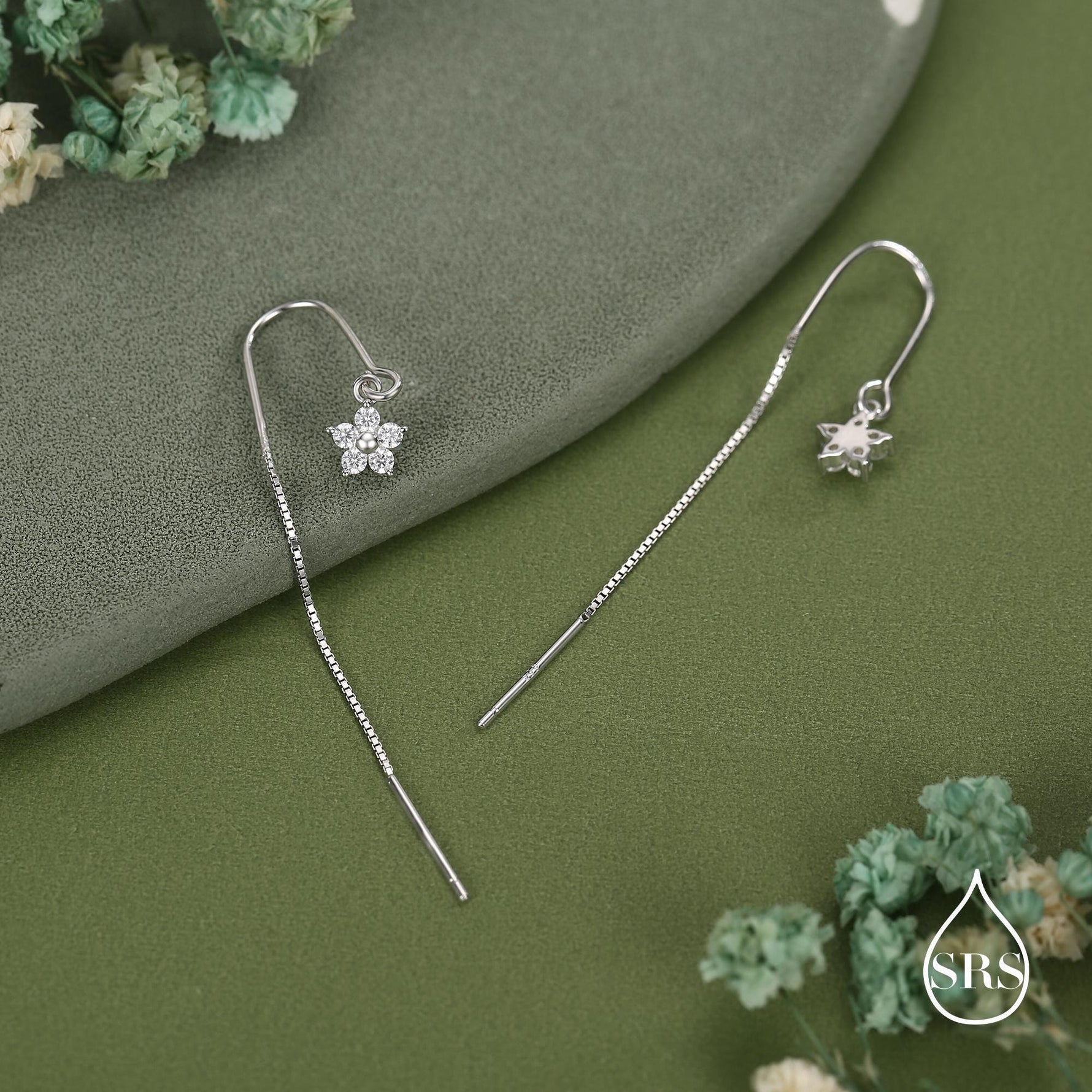 Sterling Silver CZ Flower U Shape Threader Earrings