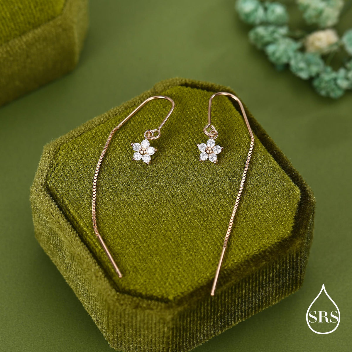 Sterling Silver CZ Flower U Shape Threader Earrings