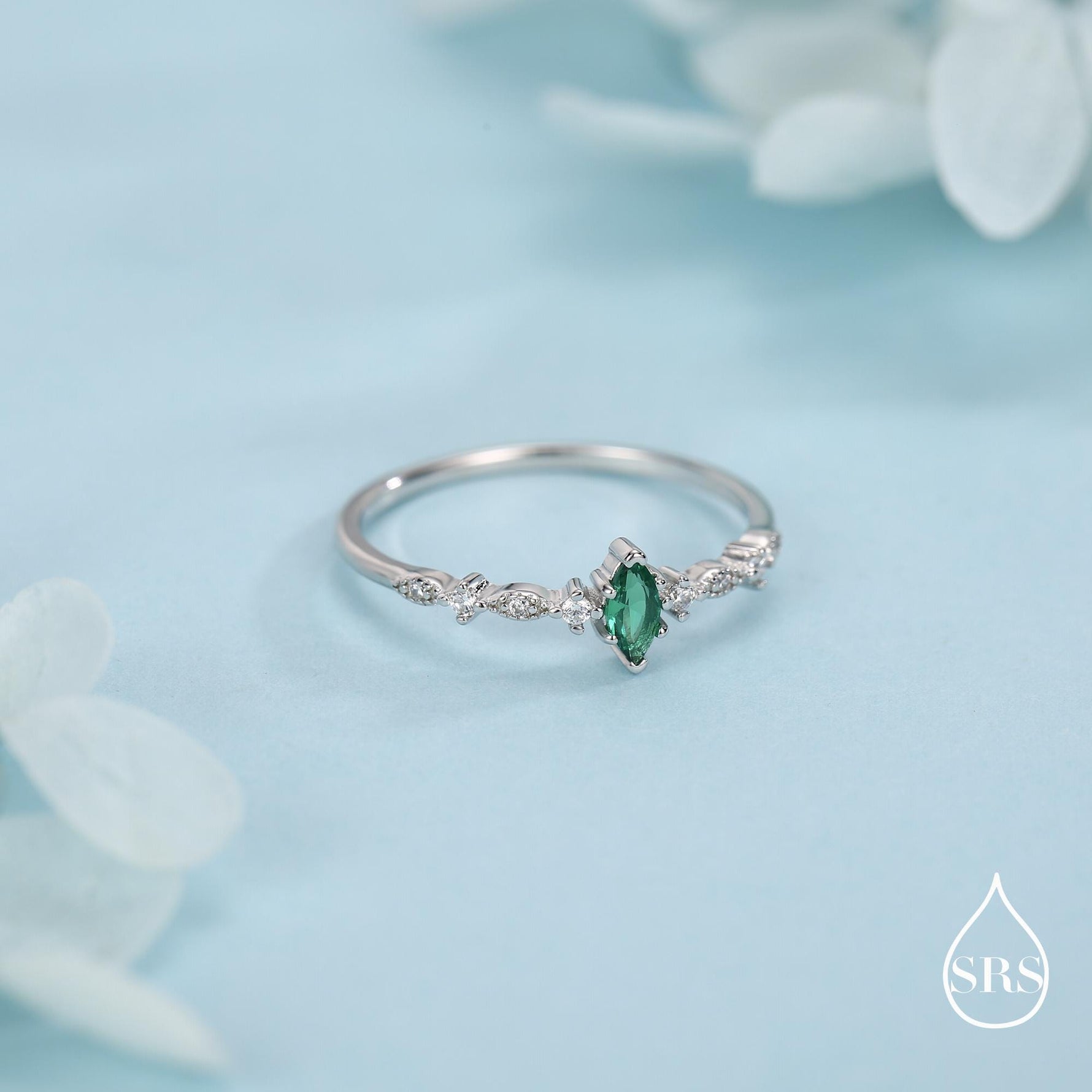 Vintage Inspired Emerald Green CZ Ring in Sterling Silver, Marquise Ring, Delicate Emerald Ring, Size US 5 - 8