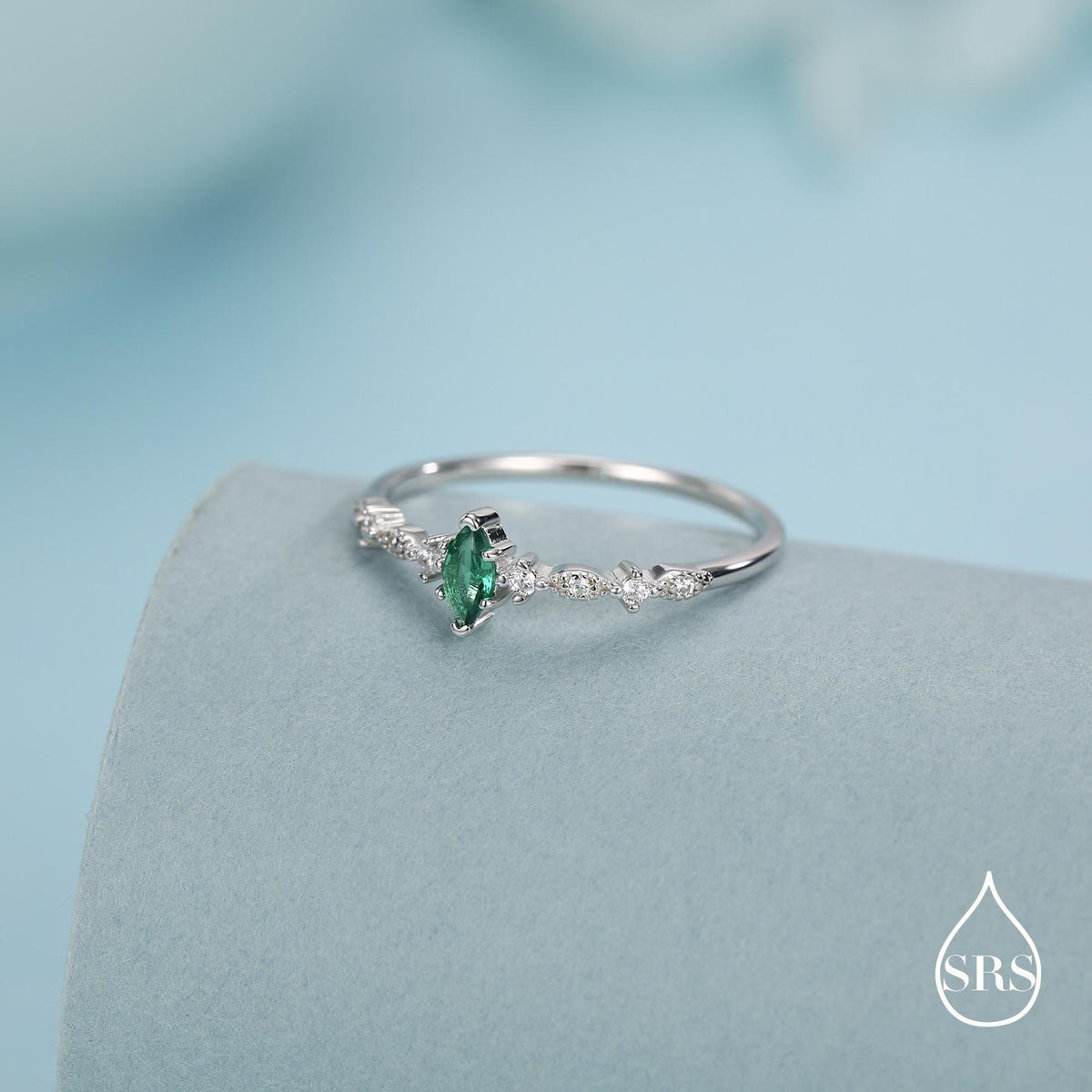 Vintage Inspired Emerald Green CZ Ring in Sterling Silver, Marquise Ring, Delicate Emerald Ring, Size US 5 - 8