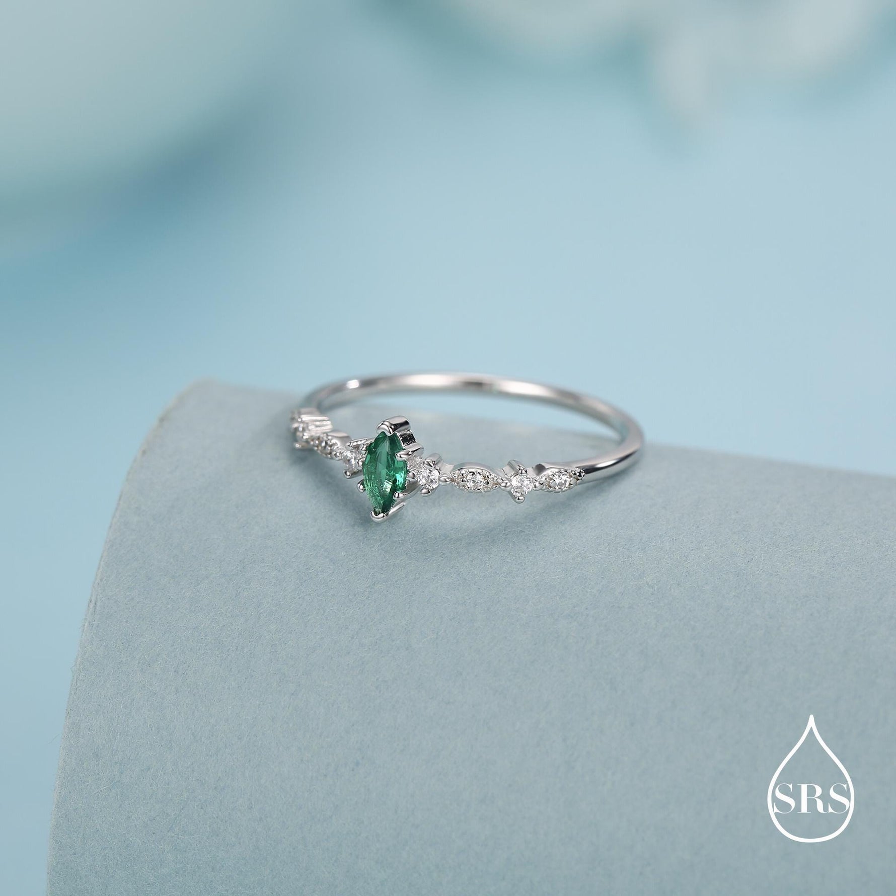 Vintage Inspired Emerald Green CZ Ring in Sterling Silver, Marquise Ring, Delicate Emerald Ring, Size US 5 - 8