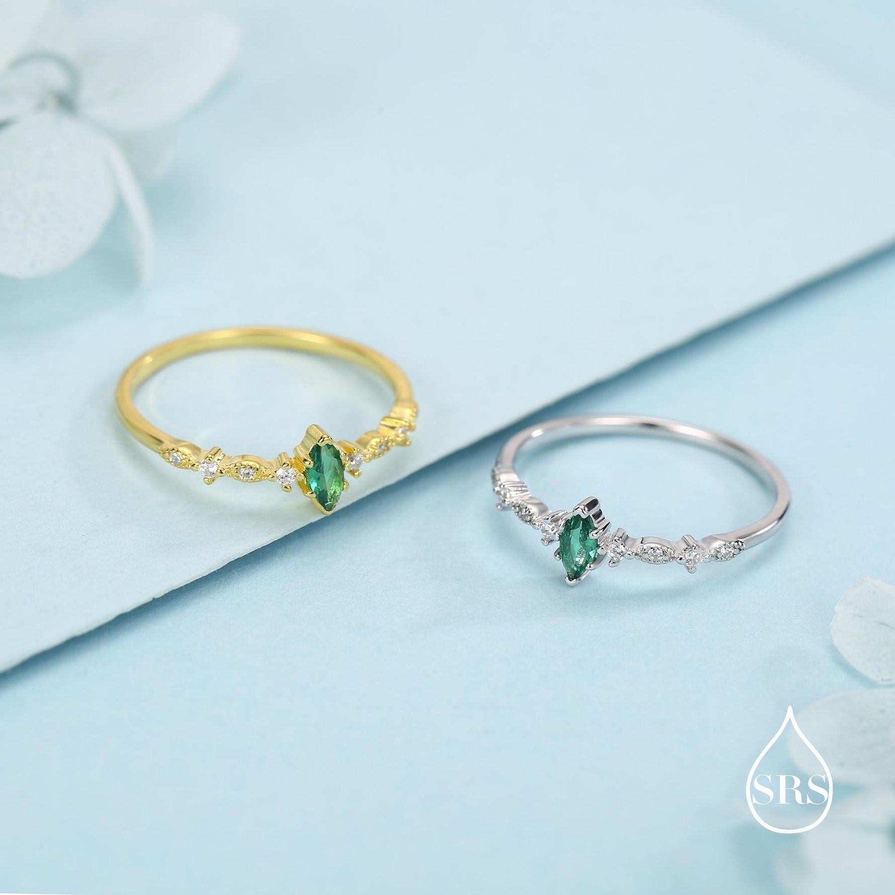 Vintage Inspired Emerald Green CZ Ring in Sterling Silver, Marquise Ring, Delicate Emerald Ring, Size US 5 - 8