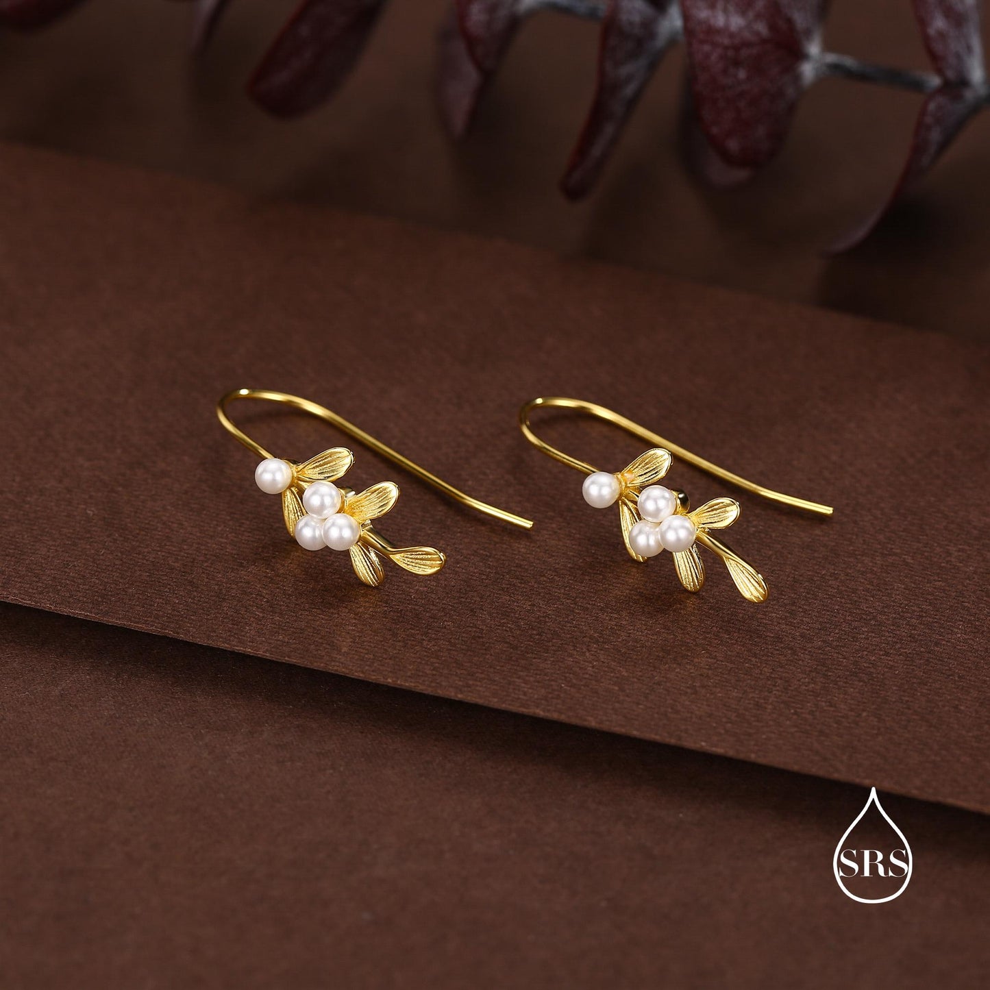 Sterling Silver Pearl Mistletoe Drop Hook Earrings