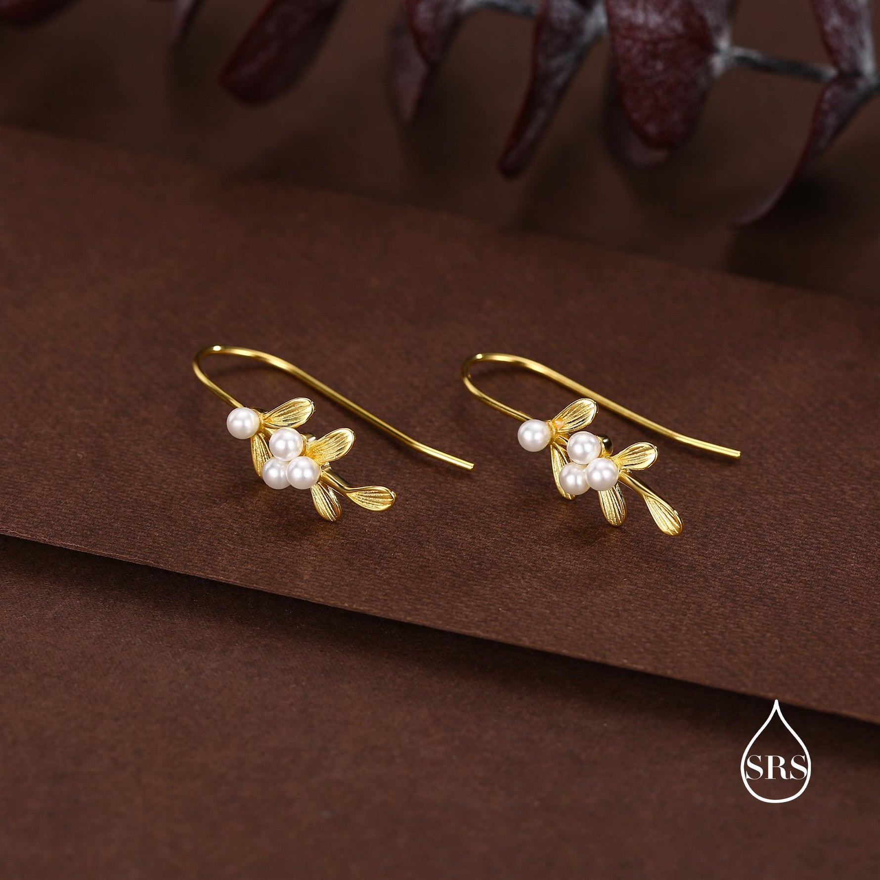 Sterling Silver Pearl Mistletoe Drop Hook Earrings