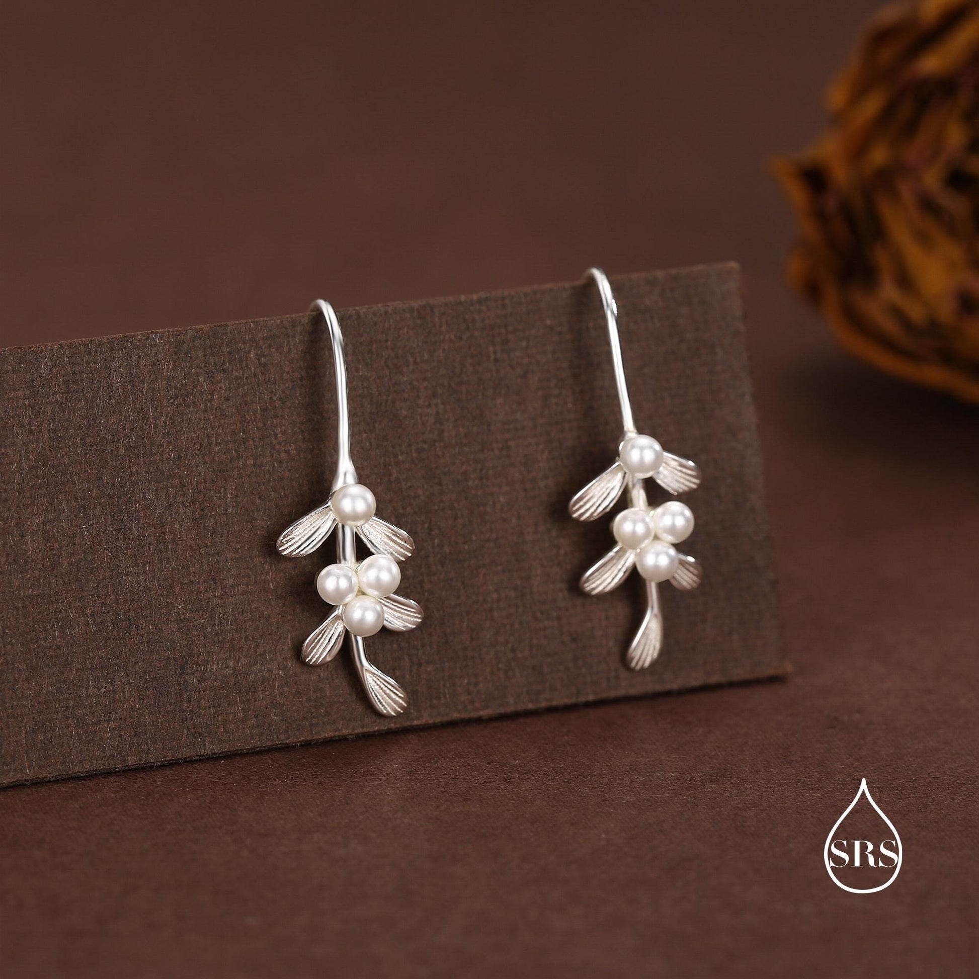 Sterling Silver Pearl Mistletoe Drop Hook Earrings