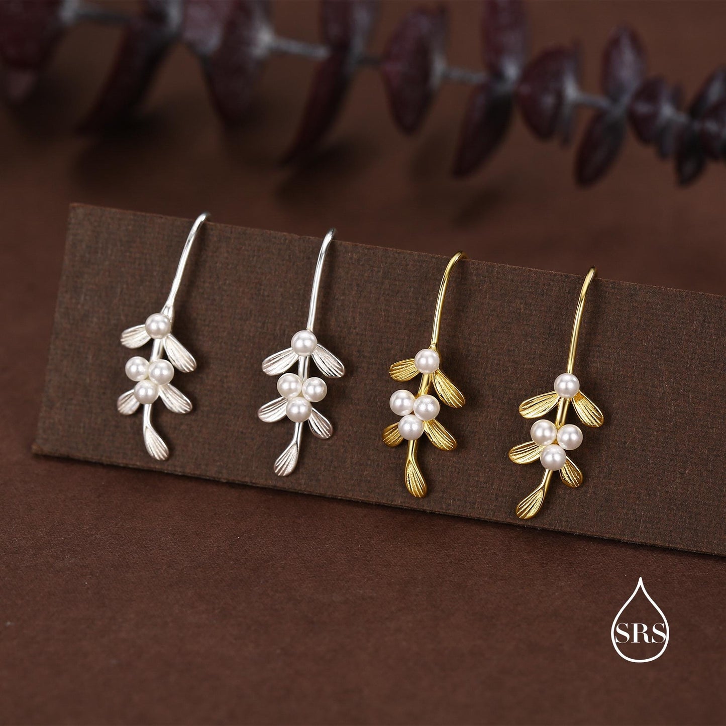 Sterling Silver Pearl Mistletoe Drop Hook Earrings