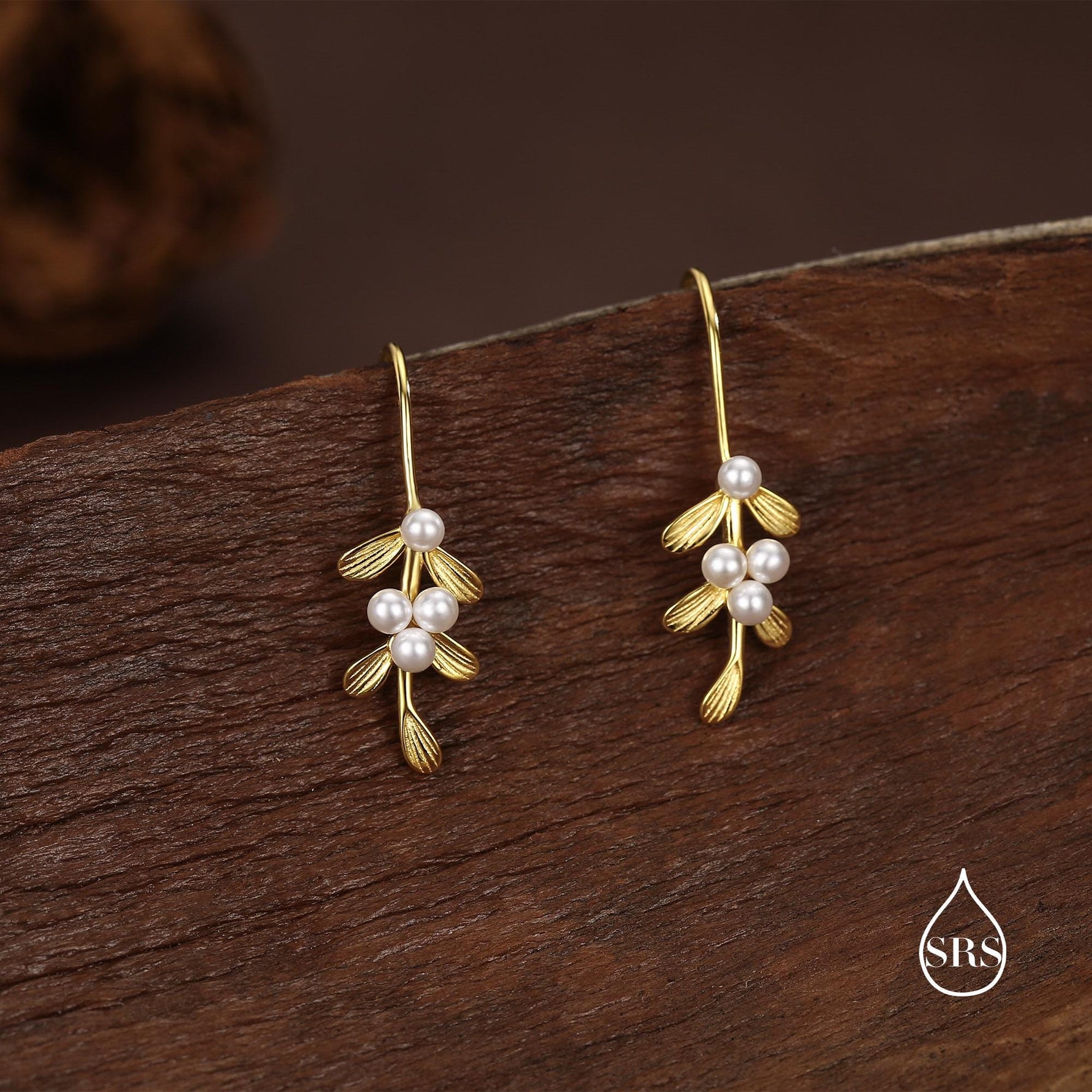 Sterling Silver Pearl Mistletoe Drop Hook Earrings