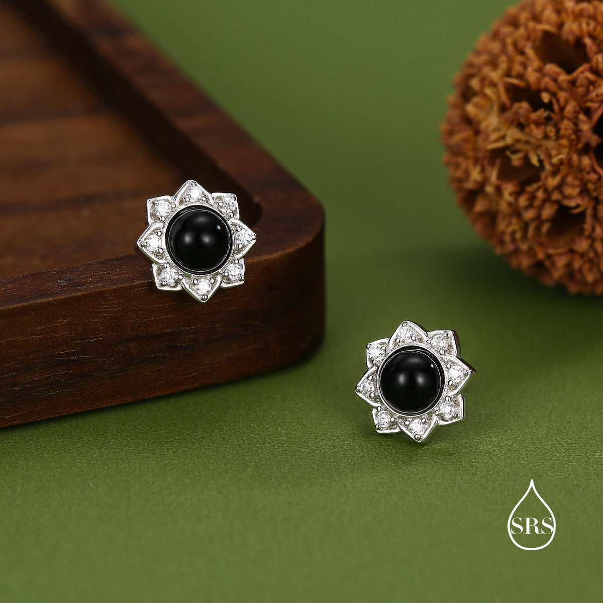Vintage Inspired Black Onyx Flower CZ Stud Earrings, Black Agate Halo CZ Earrings, Natural Black Onyx Earrings