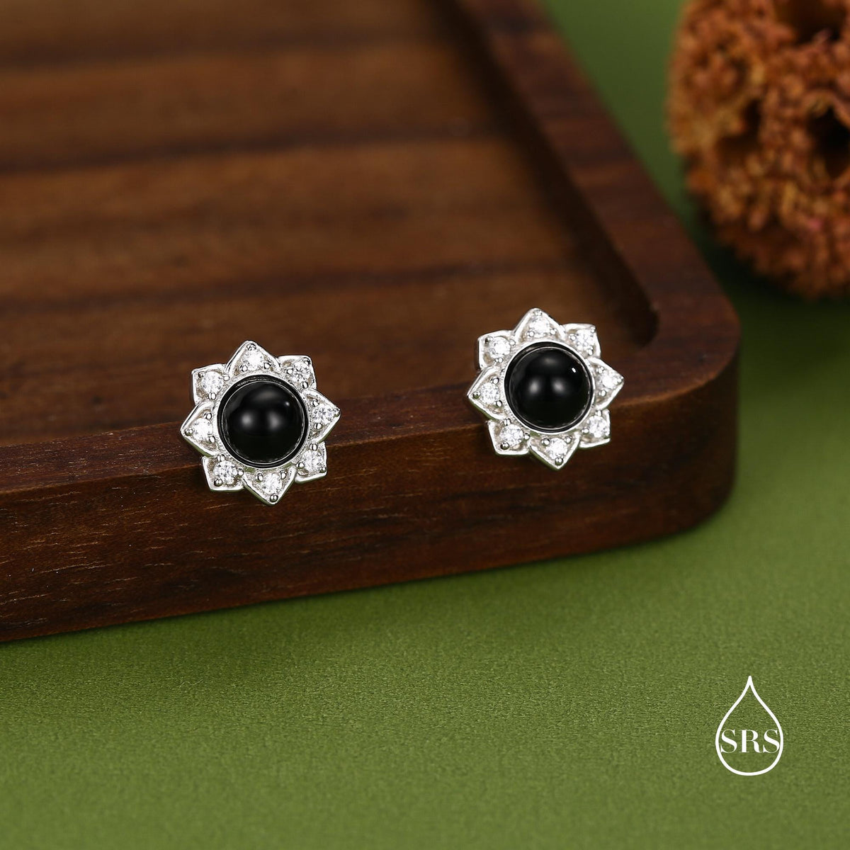 Vintage Inspired Black Onyx Flower CZ Stud Earrings, Black Agate Halo CZ Earrings, Natural Black Onyx Earrings
