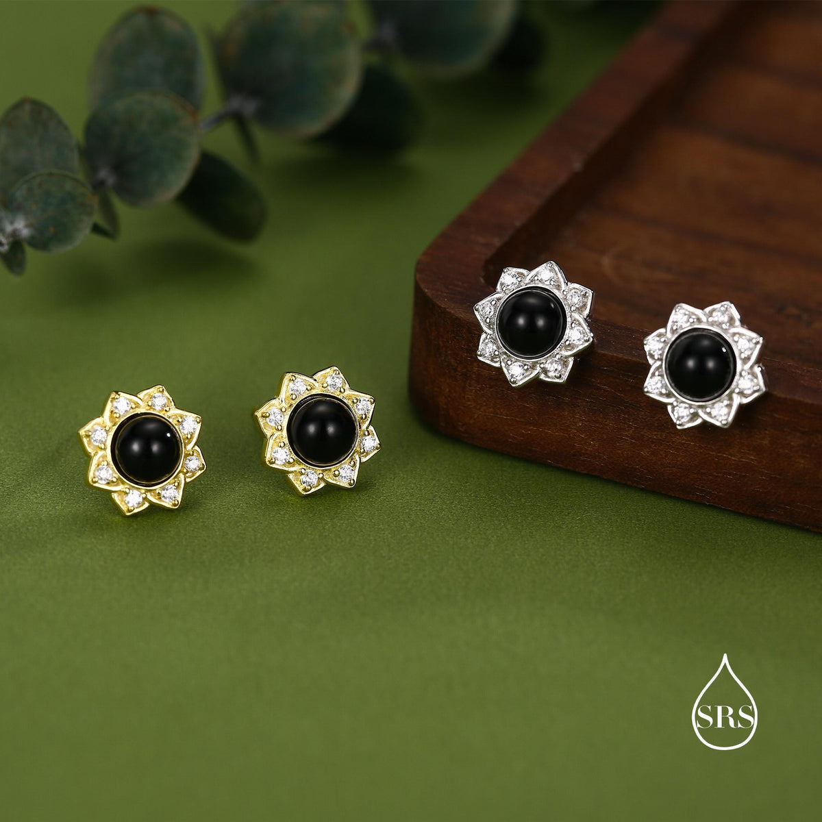 Vintage Inspired Black Onyx Flower CZ Stud Earrings, Black Agate Halo CZ Earrings, Natural Black Onyx Earrings