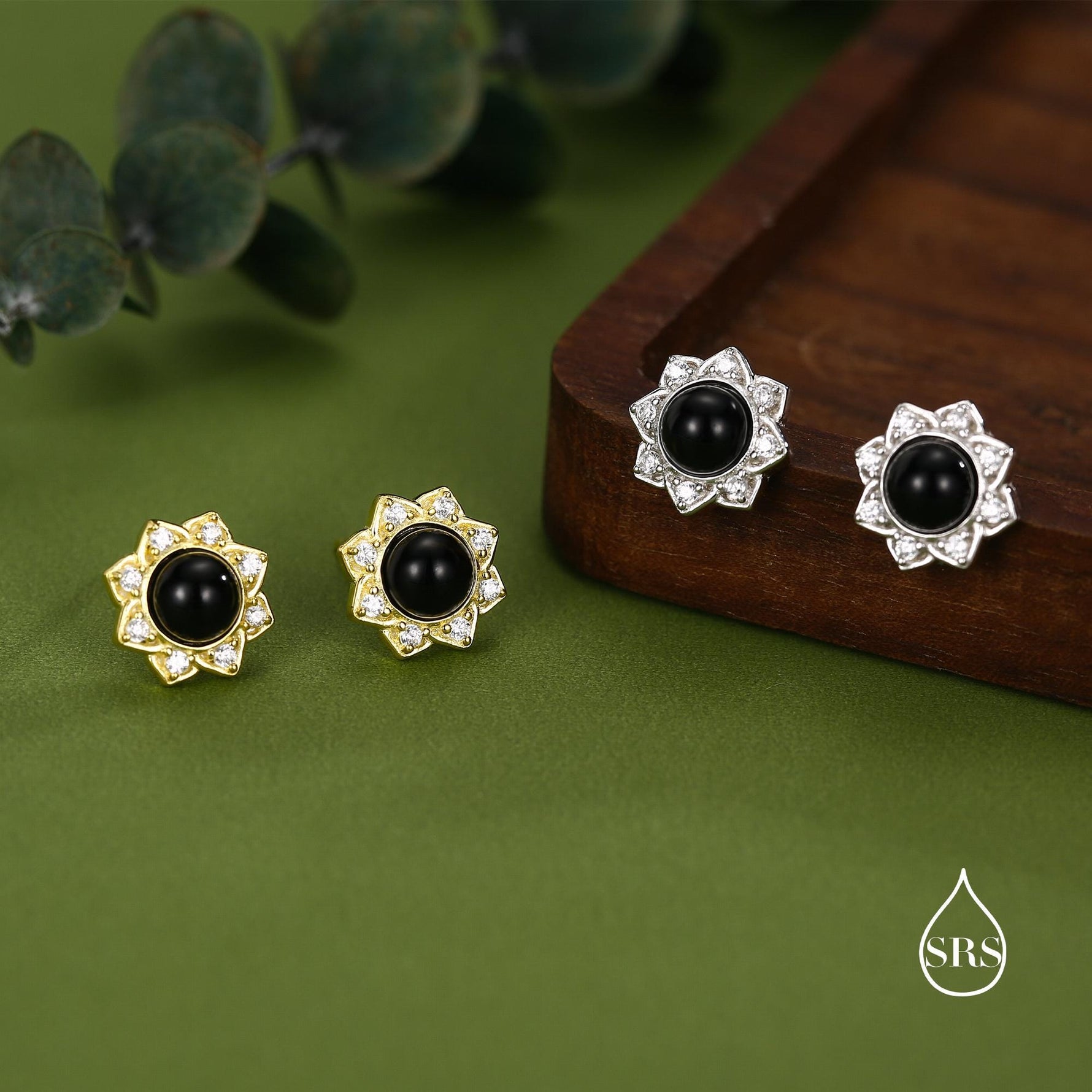 Vintage Inspired Black Onyx Flower CZ Stud Earrings, Black Agate Halo CZ Earrings, Natural Black Onyx Earrings