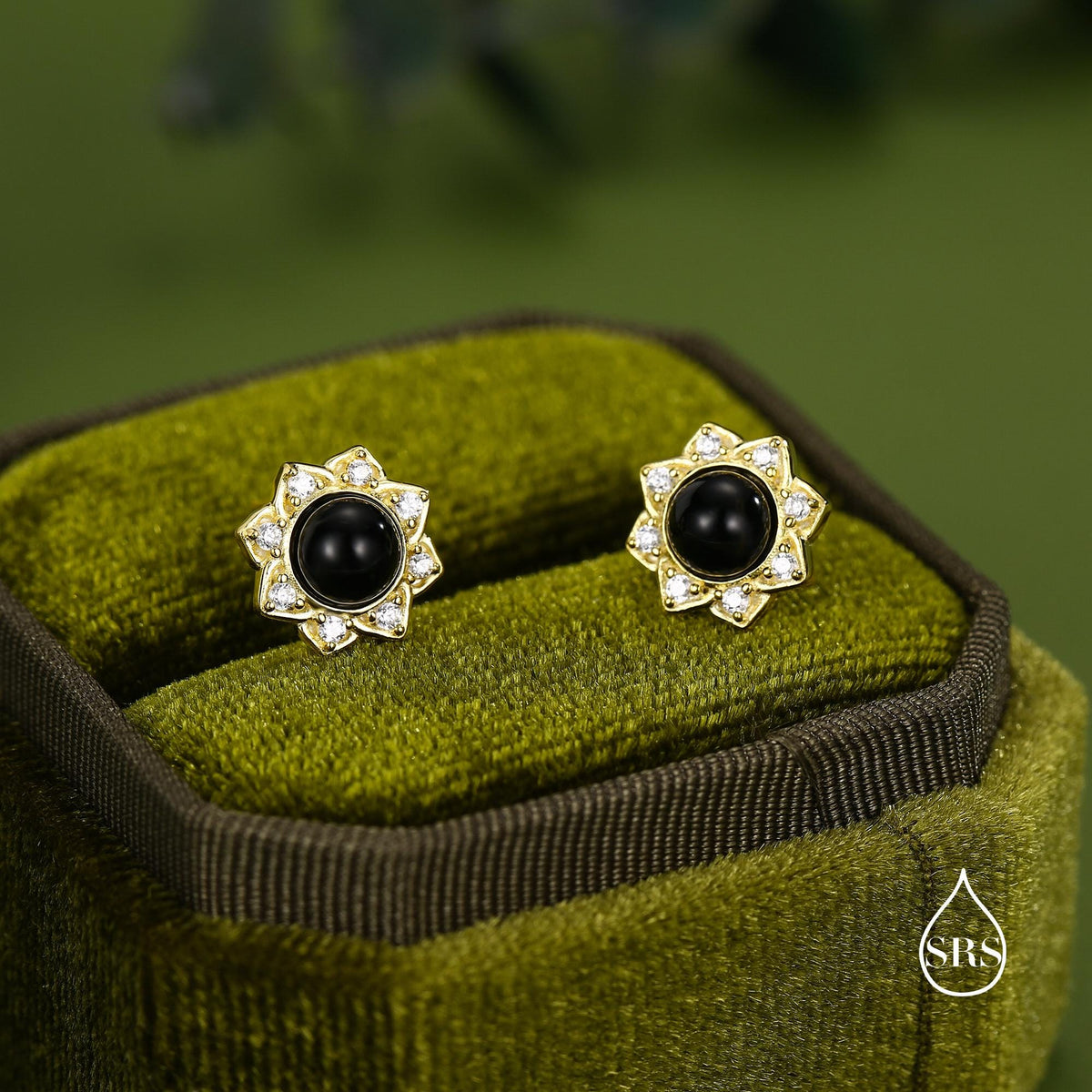 Vintage Inspired Black Onyx Flower CZ Stud Earrings, Black Agate Halo CZ Earrings, Natural Black Onyx Earrings