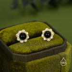 Vintage Inspired Black Onyx Flower CZ Stud Earrings, Black Agate Halo CZ Earrings, Natural Black Onyx Earrings