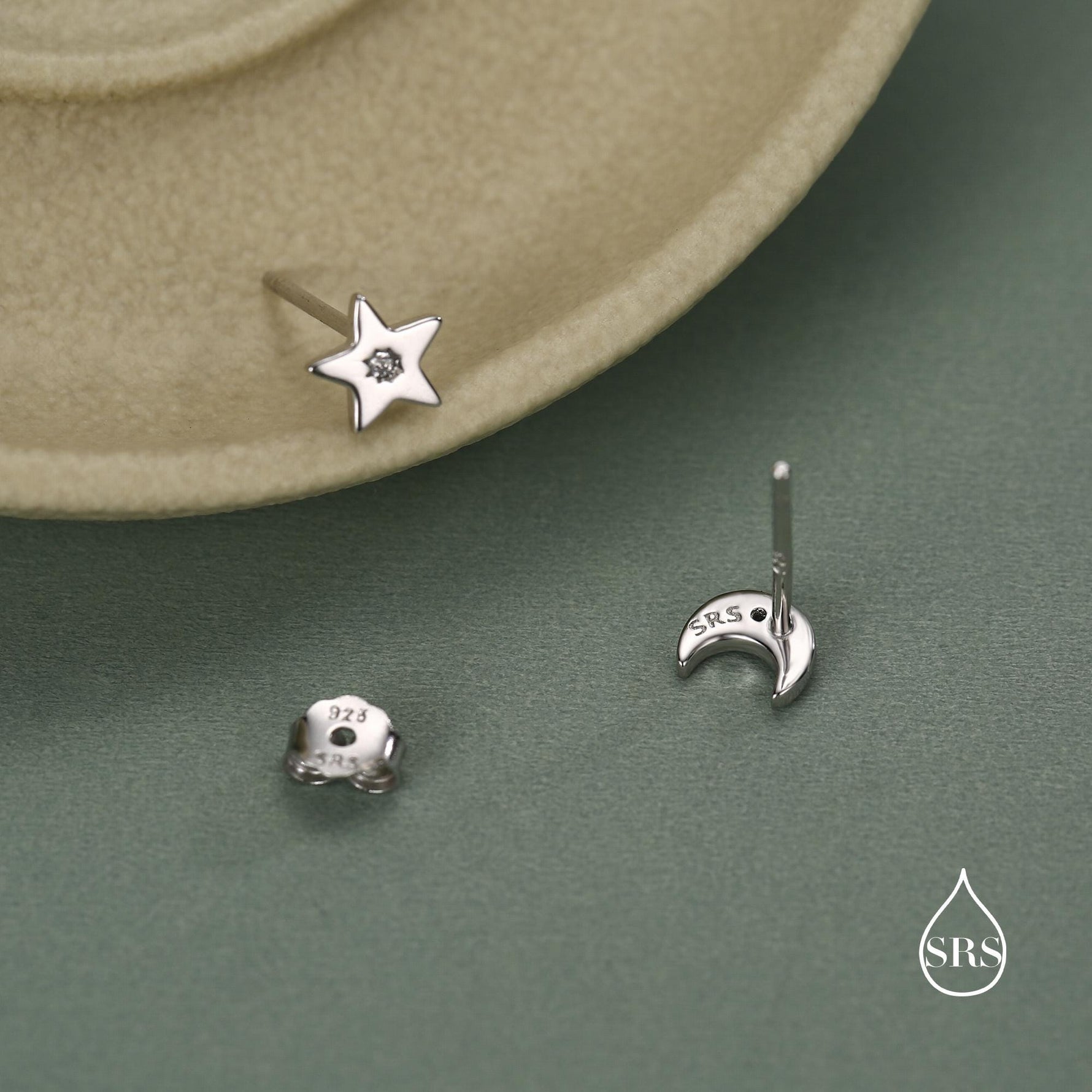 Tiny Moon and Star Mismatched Stud Earrings in Sterling Silver, Silver, Gold or Rose Gold, Small Star Earrings, Celestial Jewellery