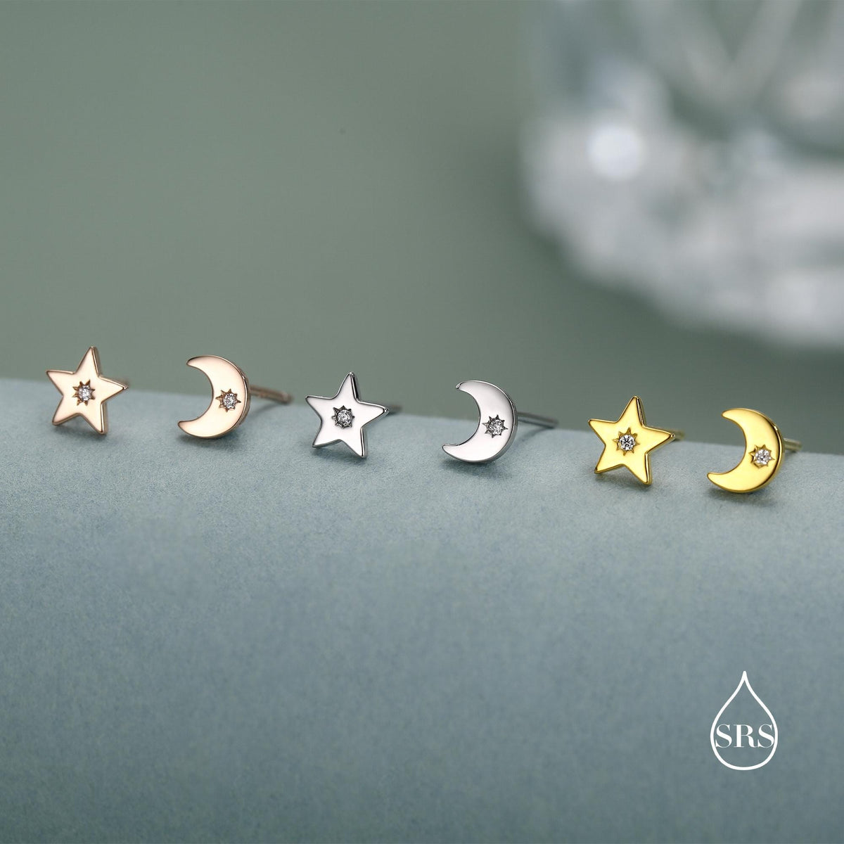 Tiny Moon and Star Mismatched Stud Earrings in Sterling Silver, Silver, Gold or Rose Gold, Small Star Earrings, Celestial Jewellery