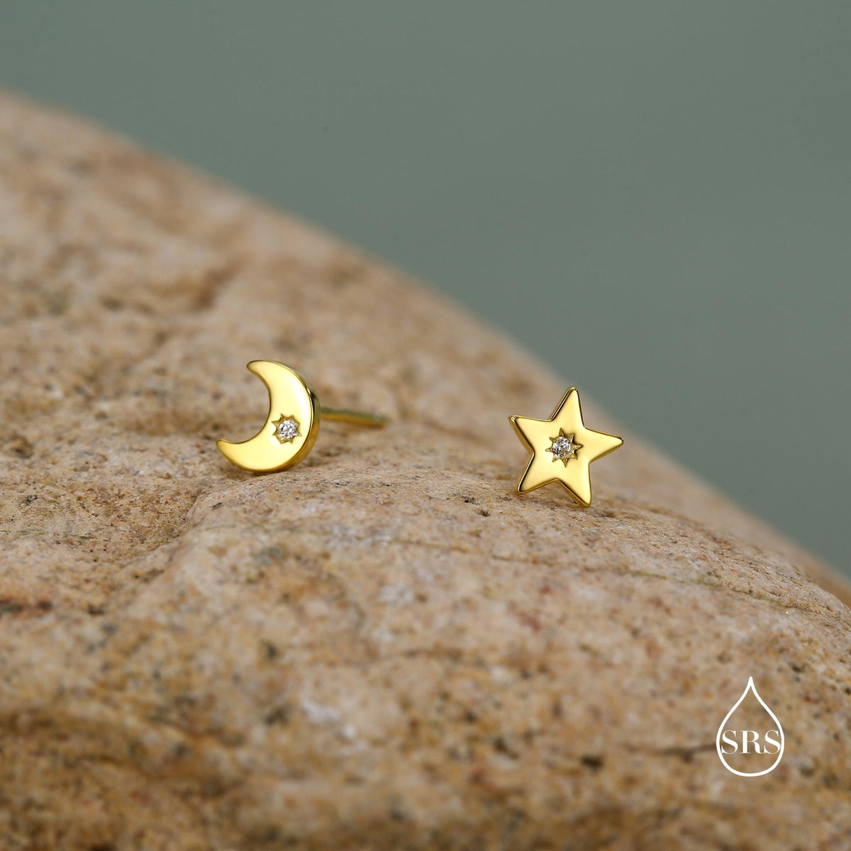Tiny Moon and Star Mismatched Stud Earrings in Sterling Silver, Silver, Gold or Rose Gold, Small Star Earrings, Celestial Jewellery