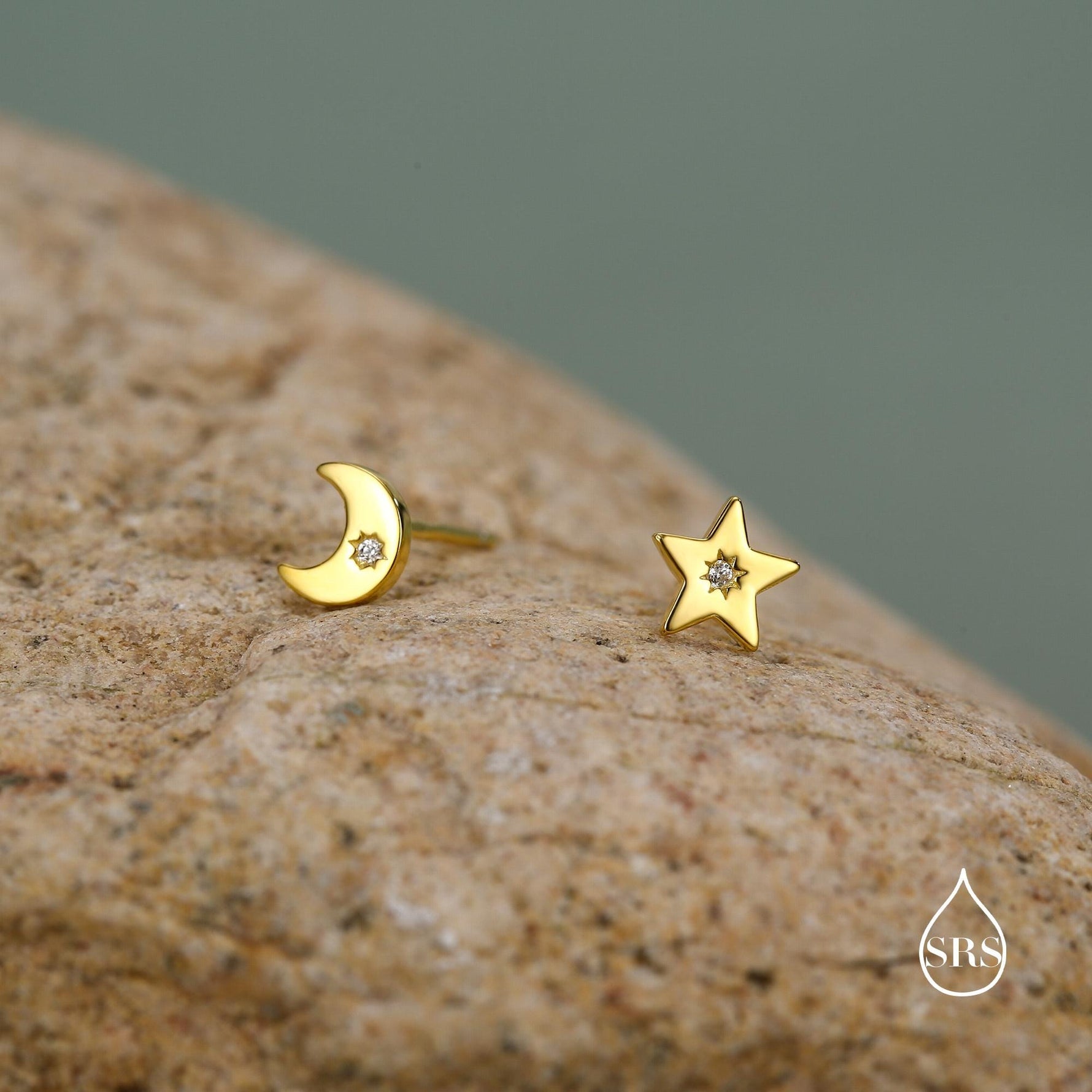 Tiny Moon and Star Mismatched Stud Earrings in Sterling Silver, Silver, Gold or Rose Gold, Small Star Earrings, Celestial Jewellery