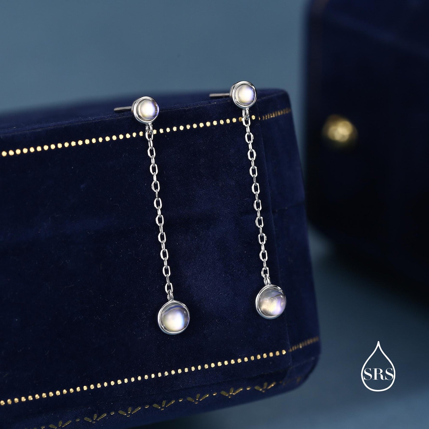 Double Moonstone Dangle Earrings in Sterling Silver, Silver or Gold, Round Lab Moonstone Bezel Earrings, Two Moonstone Earrings