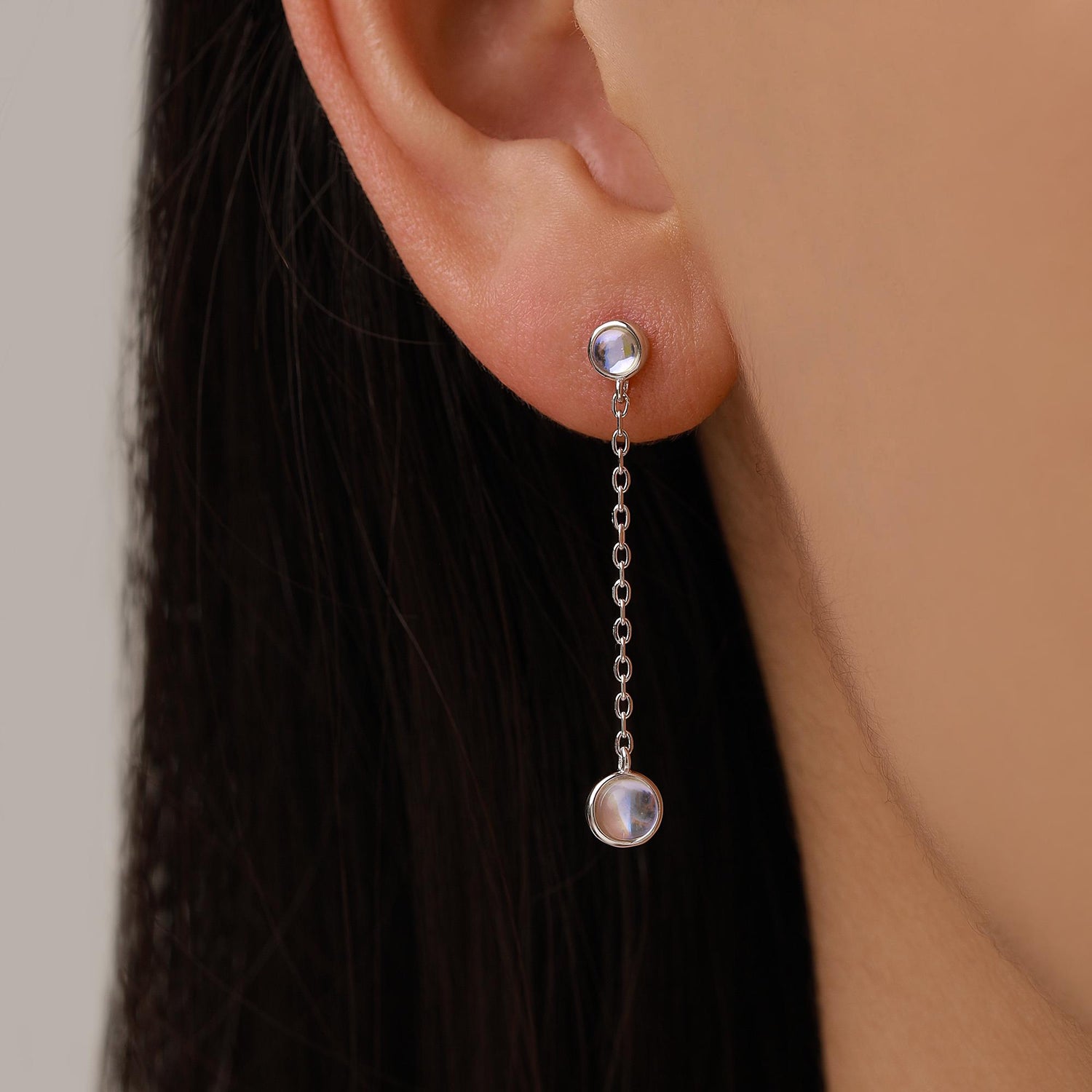 Double Moonstone Dangle Earrings in Sterling Silver, Silver or Gold, Round Lab Moonstone Bezel Earrings, Two Moonstone Earrings