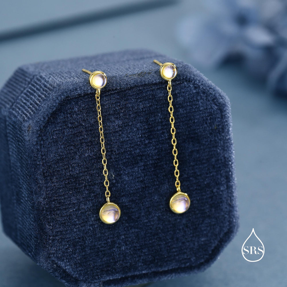 Double Moonstone Dangle Earrings in Sterling Silver, Silver or Gold, Round Lab Moonstone Bezel Earrings, Two Moonstone Earrings