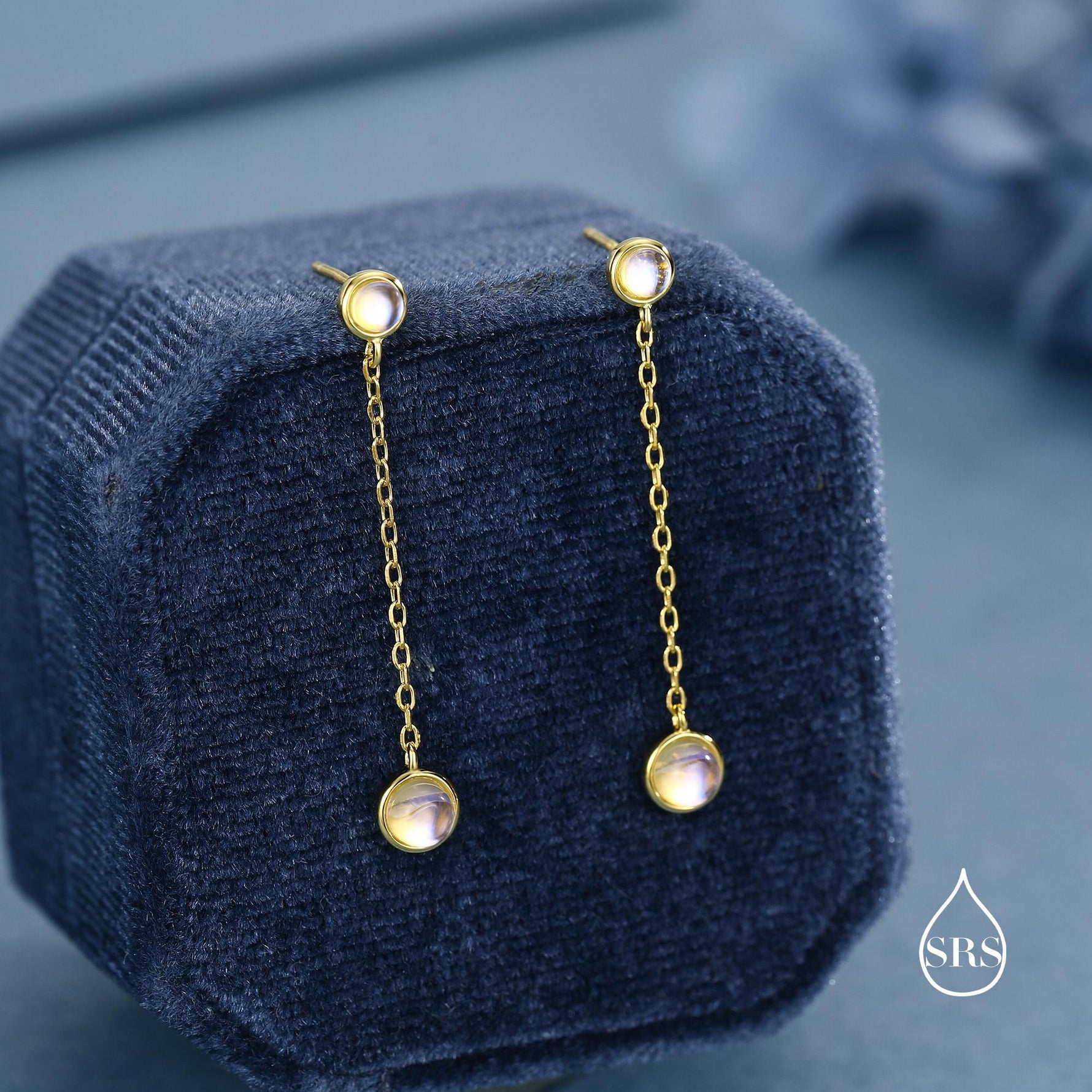 Double Moonstone Dangle Earrings in Sterling Silver, Silver or Gold, Round Lab Moonstone Bezel Earrings, Two Moonstone Earrings