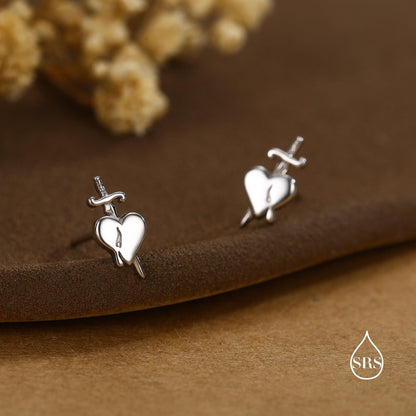 Sterling Silver Dagger Heart Stud Earrings