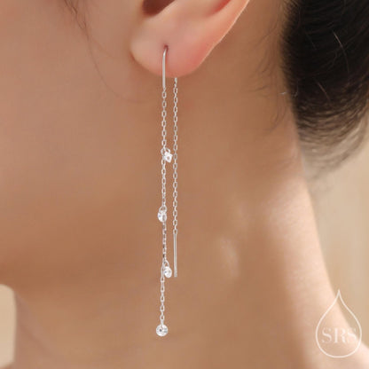CZ Cascade Drop U Threader Earrings in Sterling Silver, Silver or Gold or Rose Gold, Geometric CZ Dangle Drop Earrings, CZ Long Drop Earring