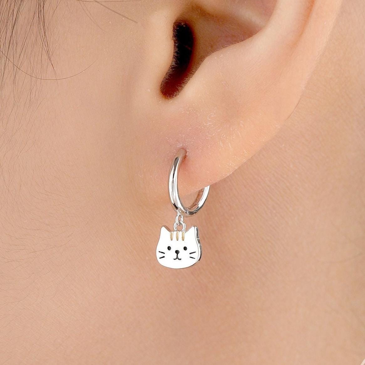 Super Cute Cat Huggie Earrings in Sterling Silver - Cute Cat Huggie Hoops, Cat Lover Gift, Cat Mum Gift, Cat Hoop Earrings