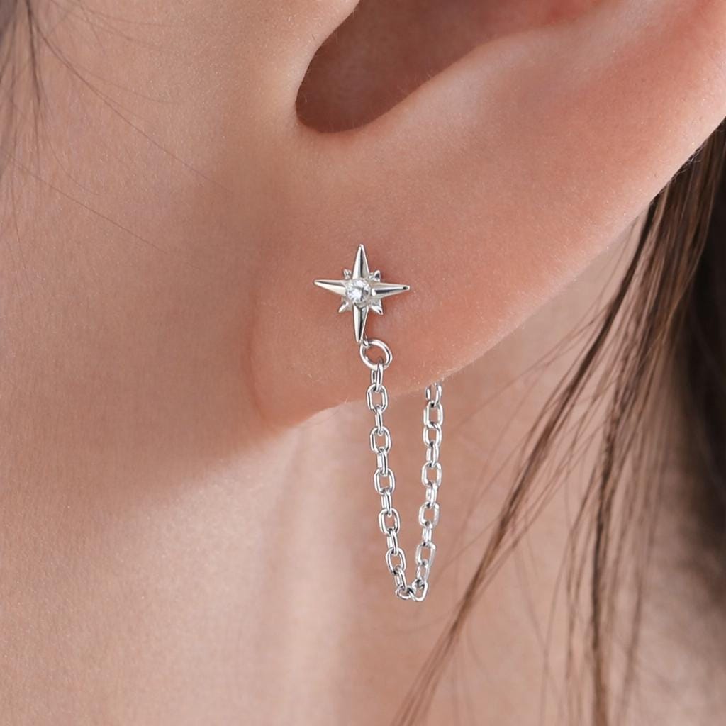 Starburst CZ Dangle Chain Stud Earrings in Sterling Silver, Silver, Gold, North Star Earrings, Star Ear Jacket, Star Earrings