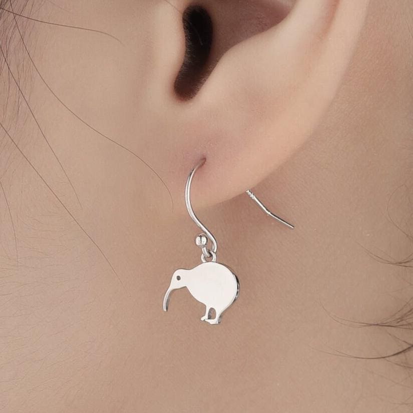 Kiwi Bird Drop Hook Earrings in Sterling Silver, Silver Gold or Rose Gold, Kiwi Bird Earrings
