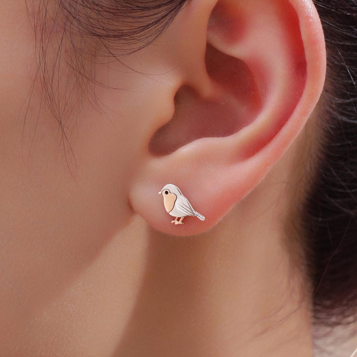 Baby Robin Bird Stud Earrings in Sterling Silver, Partial Rose Gold Coating, British Bird Earrings, Nature Inspired Animal Earrings