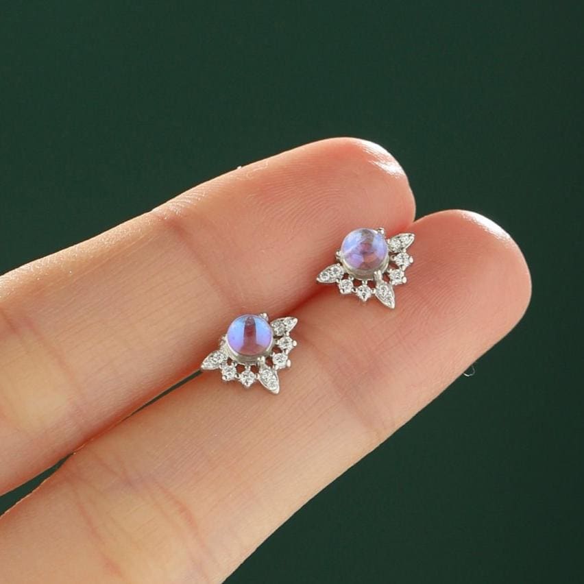 Vintage Inspired Moonstone Flower CZ Stud Earrings, Lab Moonstone Halo CZ Earrings, Simulated Moonstone Earrings