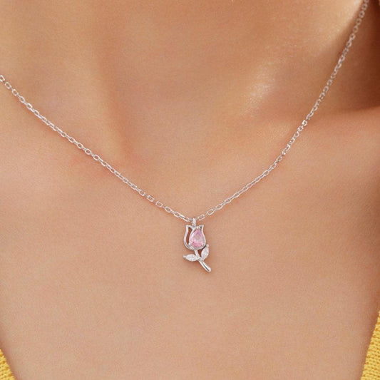 Tiny CZ Tulip Flower Pendant Necklace in Sterling Silver, Silver or Gold or Rose Gold, CZ Flower Necklace, CZ Floral Necklace