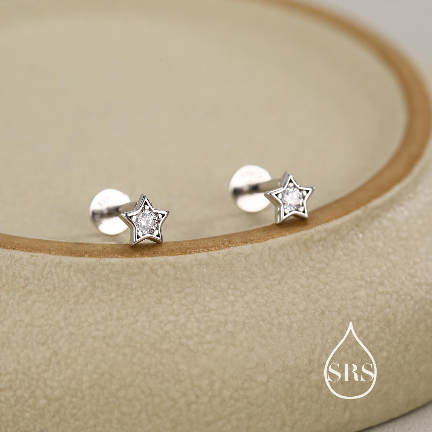 Sterling Silver Tiny CZ Star 16g Flat Back Stud Earrings UK