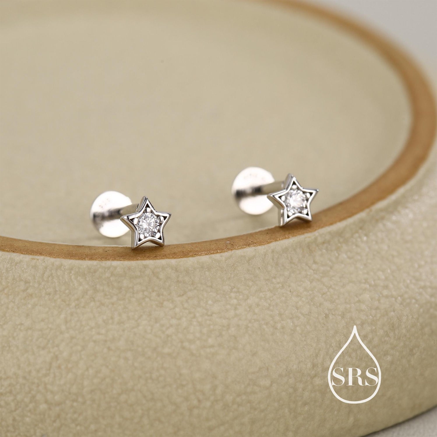 Sterling Silver Tiny CZ Star 16g Flat Back Stud Earrings UK