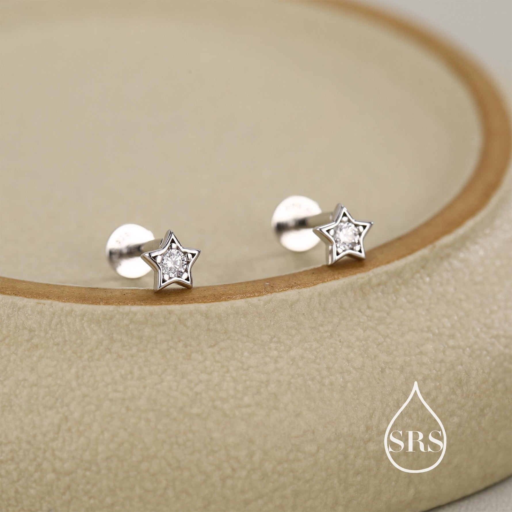 Sterling Silver Tiny CZ Star 16g Flat Back Stud Earrings UK