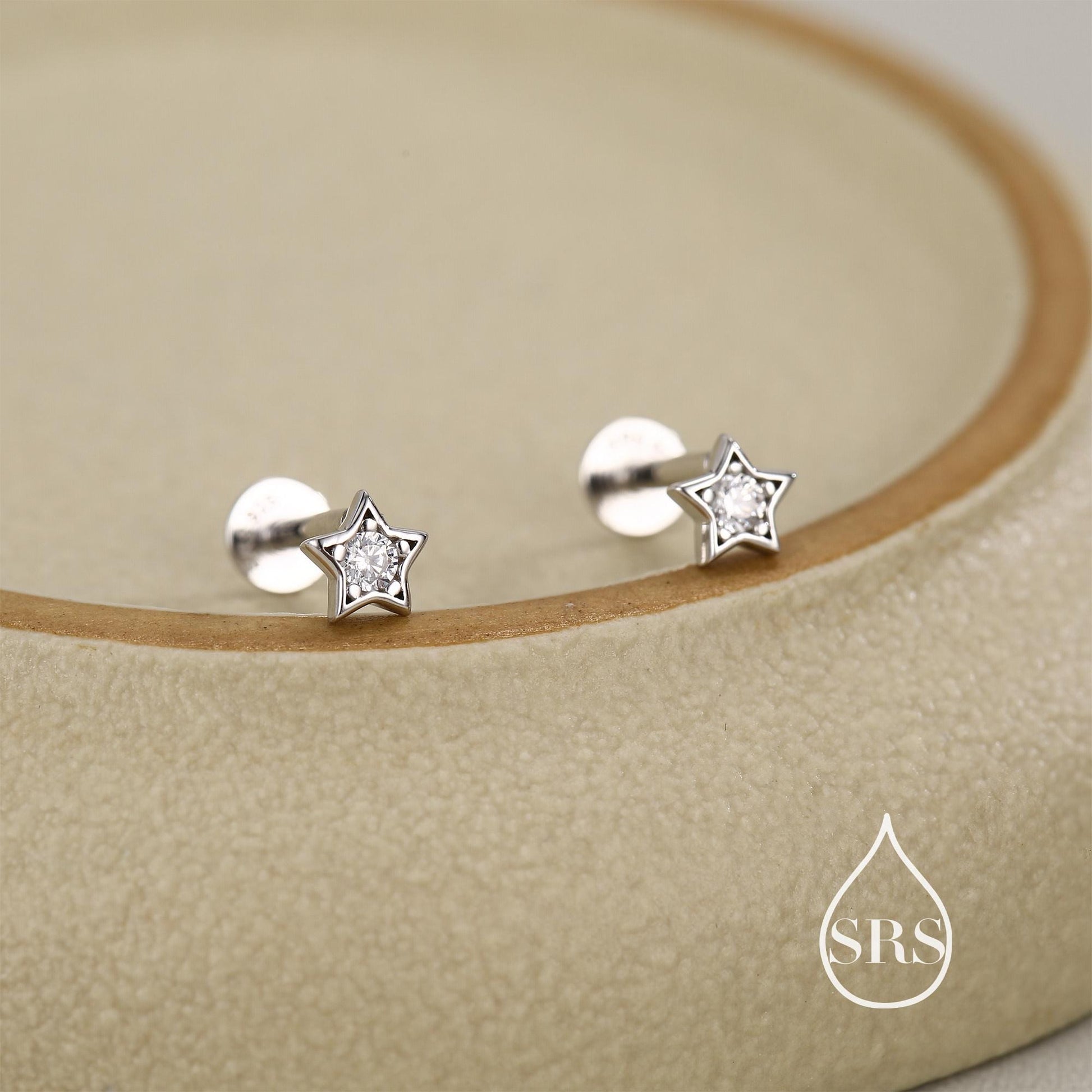 Sterling Silver Tiny CZ Star 16g Flat Back Stud Earrings UK