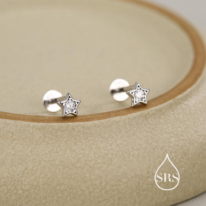 Sterling Silver Tiny CZ Star 16g Flat Back Stud Earrings UK
