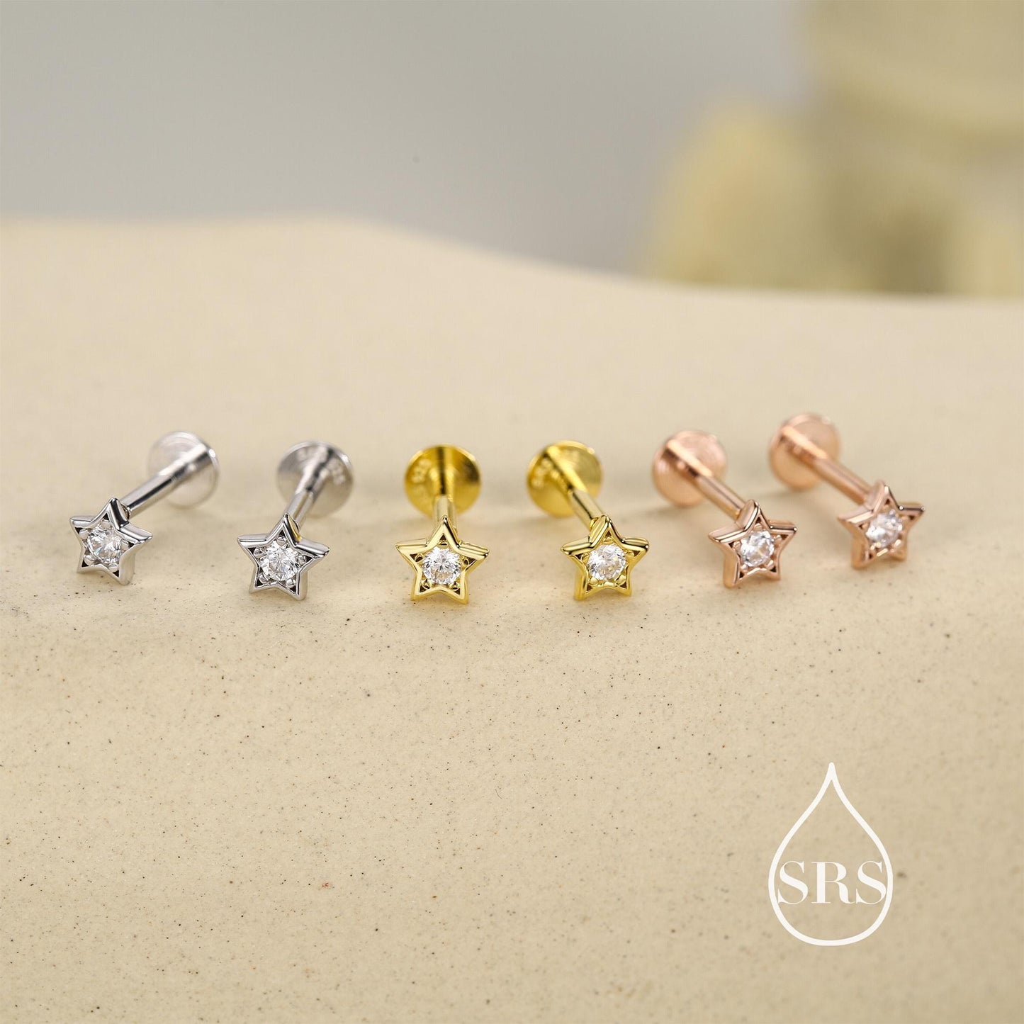 Sterling Silver Tiny CZ Star 16g Flat Back Stud Earrings UK