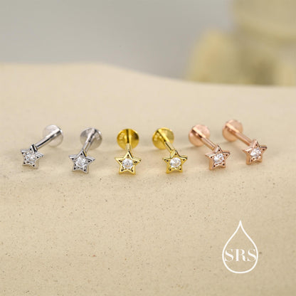 Sterling Silver Tiny CZ Star 16g Flat Back Stud Earrings UK
