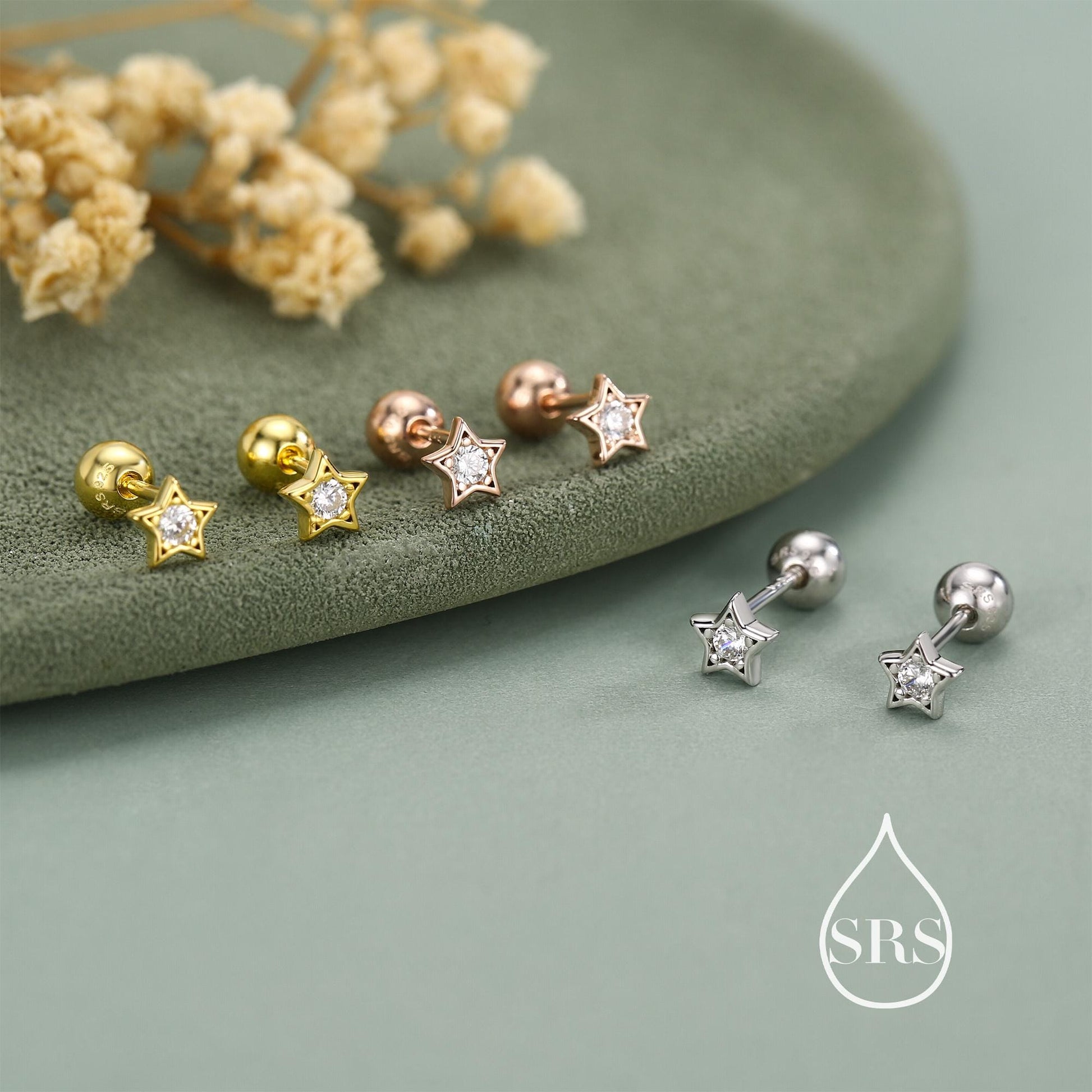 Sterling Silver CZ Star 18g Ball Back Screw Back Earrings